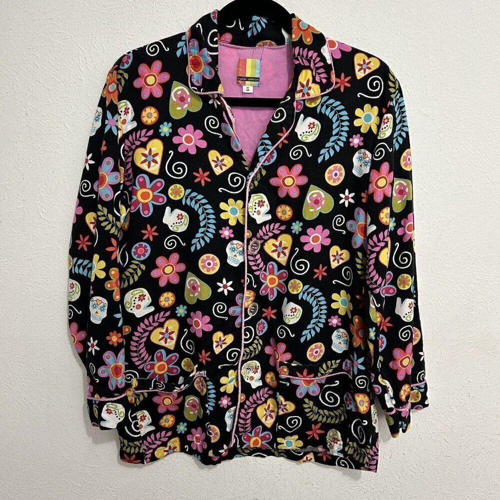 Temper Jackson Black Floral Skull Pajama Top Blouse Size S Colorful‎ Loud Rare